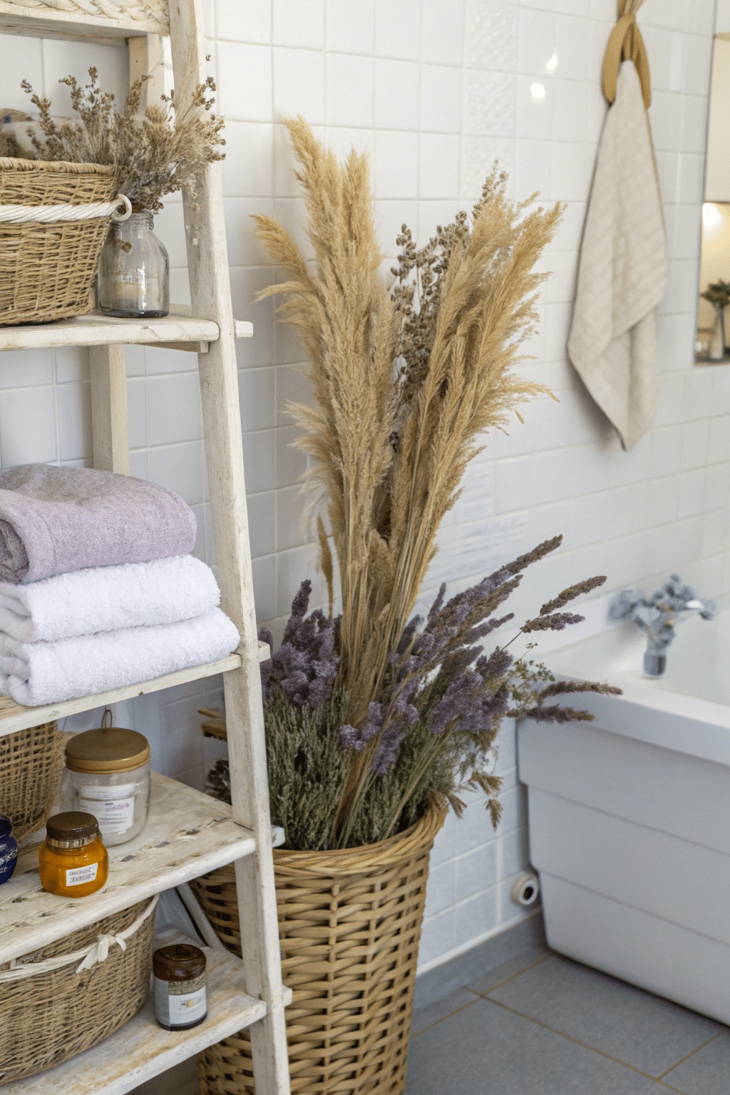 A combination of dried pampas grass, wheat, and lavender, layered to create a textured and natural look. This arrangement is placed on a bathroom shelf, adding a cozy, spa-like feel.