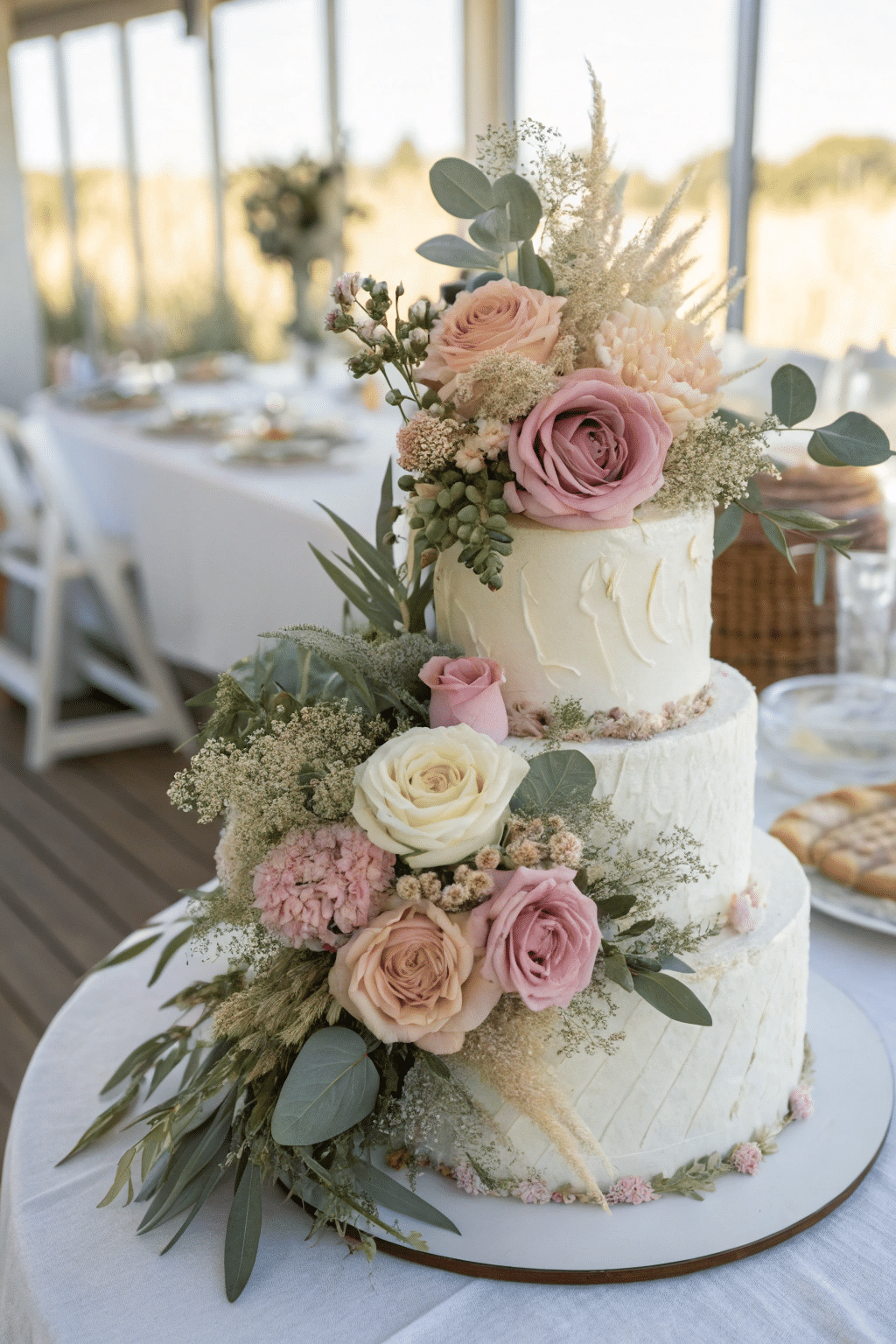 A delicate cake topper featuring soft pink, blush, and ivory dried flowers, paired with light green foliage. This arrangement exudes elegance and is perfect for weddings or anniversaries.