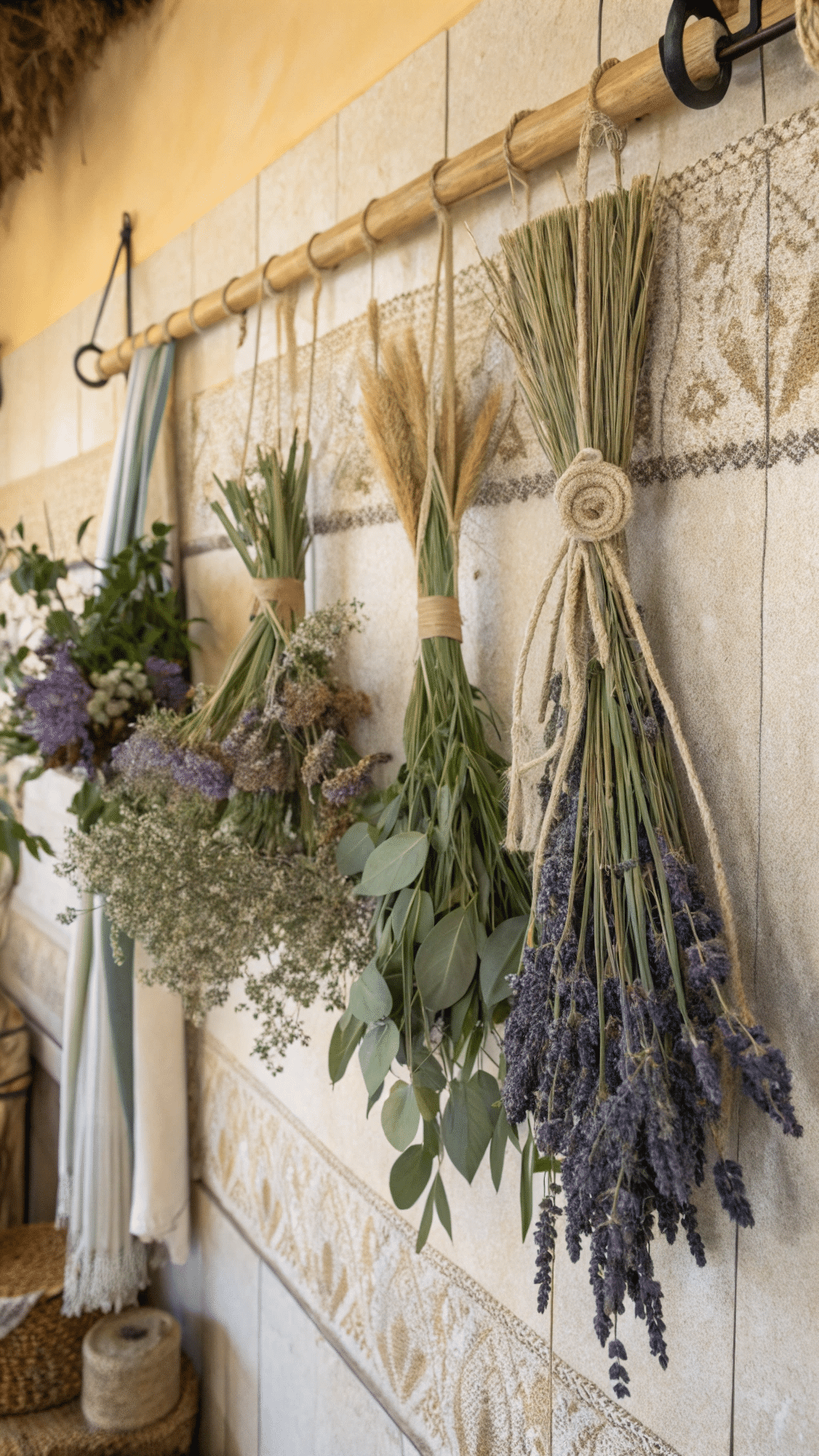 A vintage-inspired dried flower wall showcasing earthy tones and textures. Lavender sprigs, wheat stalks, and eucalyptus are bundled together with jute twine and hung on separate dowel rods. The dried flowers are arranged in an alternating pattern, creating a balanced yet cozy look. Muted purples, soft beiges, and dusty greens dominate the palette, and the warm, textured wall background enhances the rustic aesthetic.