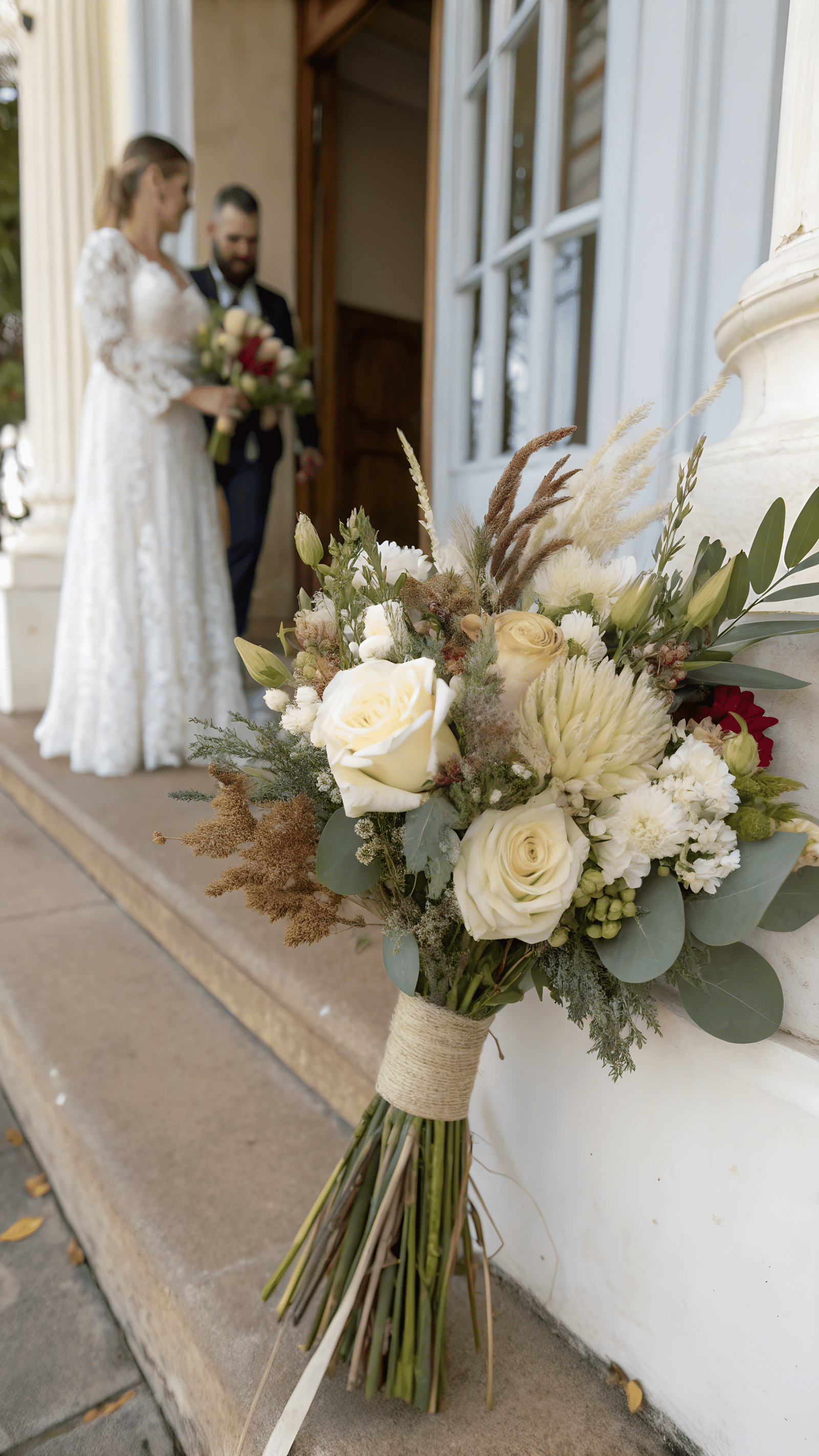 A classic dried flower bouquet for a wedding, featuring white and cream flowers with faded greenery. Alternatively, a bold, colorful bouquet for a more vibrant wedding theme.