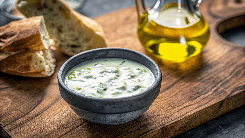 Tzatziki sauce in a bowl on a wooden board.