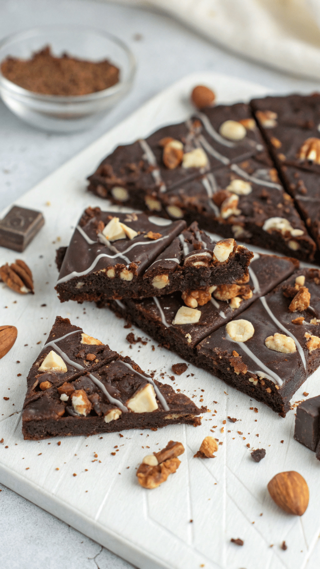 Chocolate Protein Bark pieces brokened on a chopping board