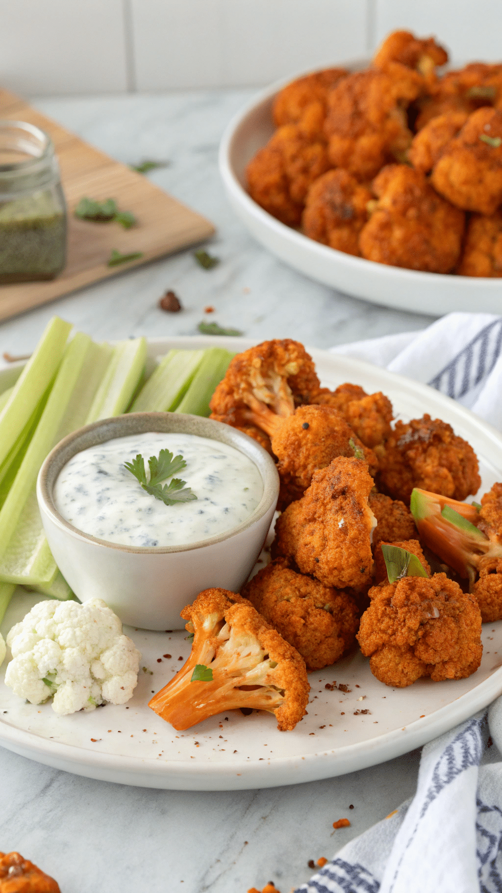 Dehydrated Buffalo Cauliflower Bites next to a dip