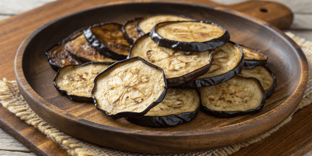 A photograph of cooked eggplant slices arranged in a wooden bowl on a rustic wooden surface. The eggplant slices have a golden-brown hue and a caramelized edge, with the dark, charred skin contrasting against the lighter interior. The arrangement of the slices is somewhat overlapping, with each slice showcasing a similar roasted texture. The rustic wooden bowl and surface provide a warm, earthy backdrop to the dish. The image is a close-up, high-resolution photograph.