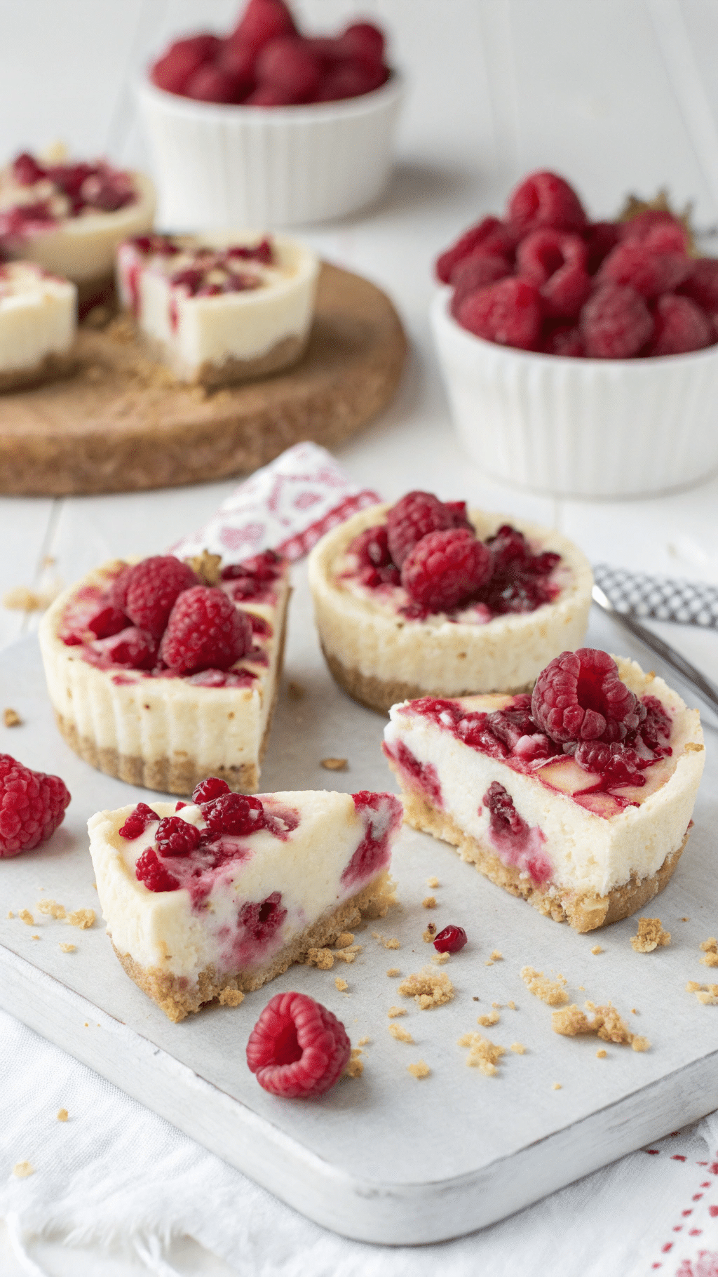 Dehydrated Raspberry Cheesecake Bites on a kitchen board