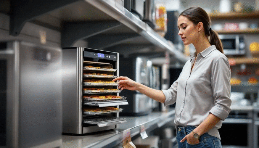 A person is browsing a selection of food dehydrators in a store, examining various units and their components, including trays and accessories. The image captures the realistic shopping experience, highlighting the options available for those looking to buy a dehydrator.