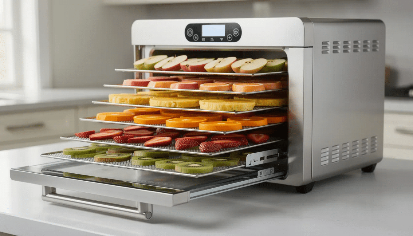 The image features a stainless steel food dehydrator with multiple stainless steel trays pulled out, displaying an assortment of sliced fruits such as apples and bananas neatly arranged for the dehydration process. This non-toxic food dehydrator is designed for efficient food preservation, allowing for healthy snacks like fruit leather and apple chips to be made with precision temperature control.