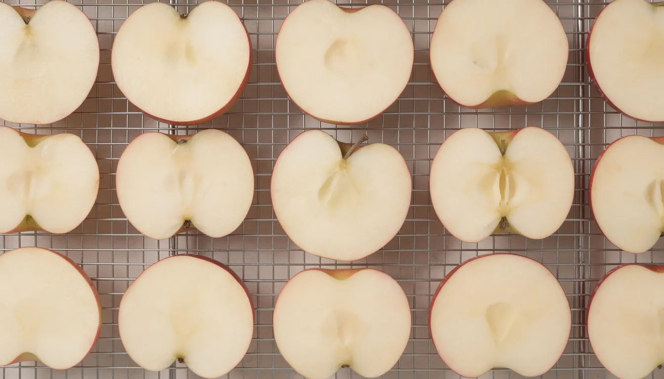 March 4, 2026 | Uniformly sliced apples are neatly arranged in a single layer on a stainless steel mesh dehydrator tray, ready for the drying process in a food dehydrator. This setup showcases the efficient heat distribution of the machine, ensuring even dehydration for delicious snacks.
