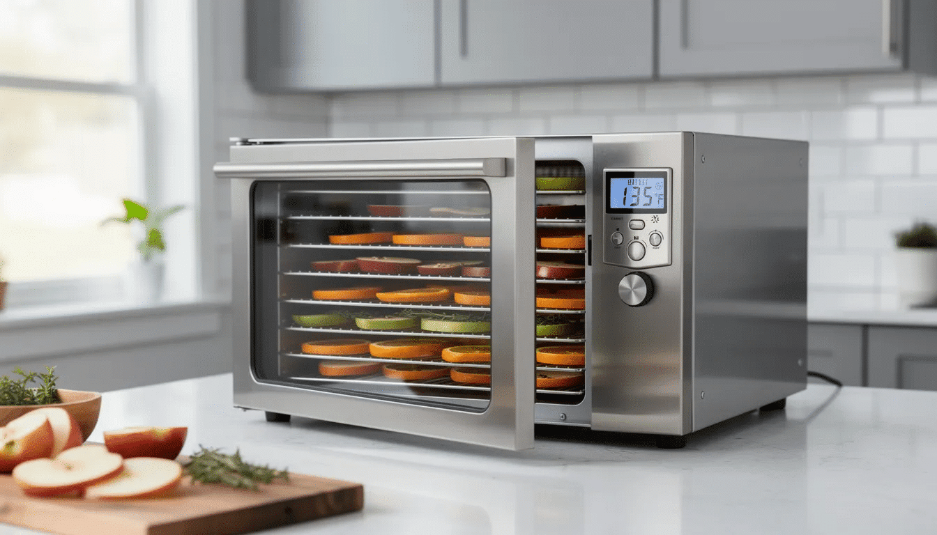 The image depicts a heavy-duty stainless steel food dehydrator with a front-access door, situated in a modern home kitchen. It features stainless steel trays and a digital control panel, highlighting its capability for precise temperature control during the dehydration process of healthy snacks like apple chips and beef jerky.