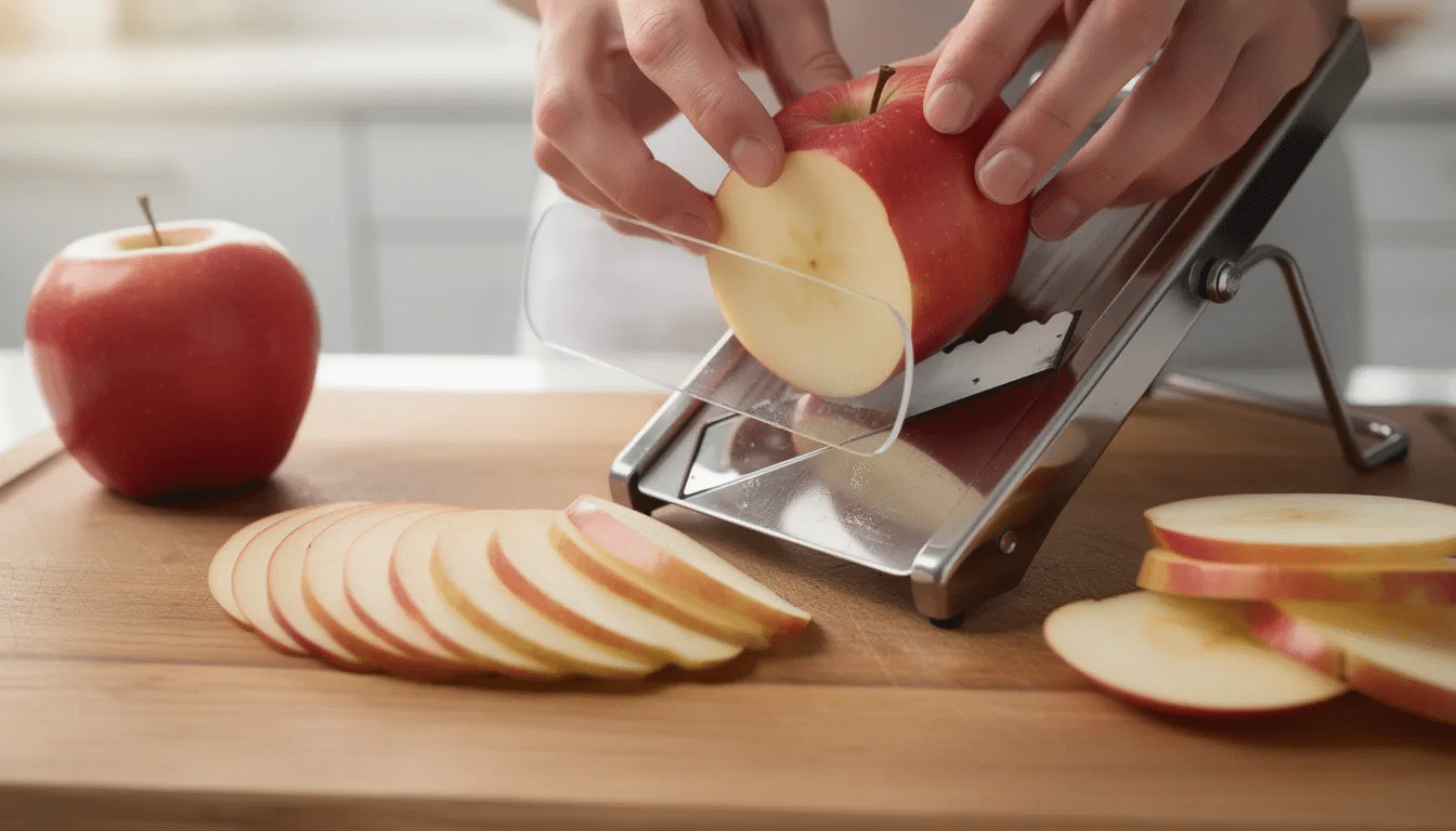 A person is using a mandoline slicer on a wooden cutting board to create thin, uniform apple slices, which are ideal for dehydrating in a food dehydrator. The focus is on the precise shape of the slices, showcasing the technique and care involved in preparing food for drying.
