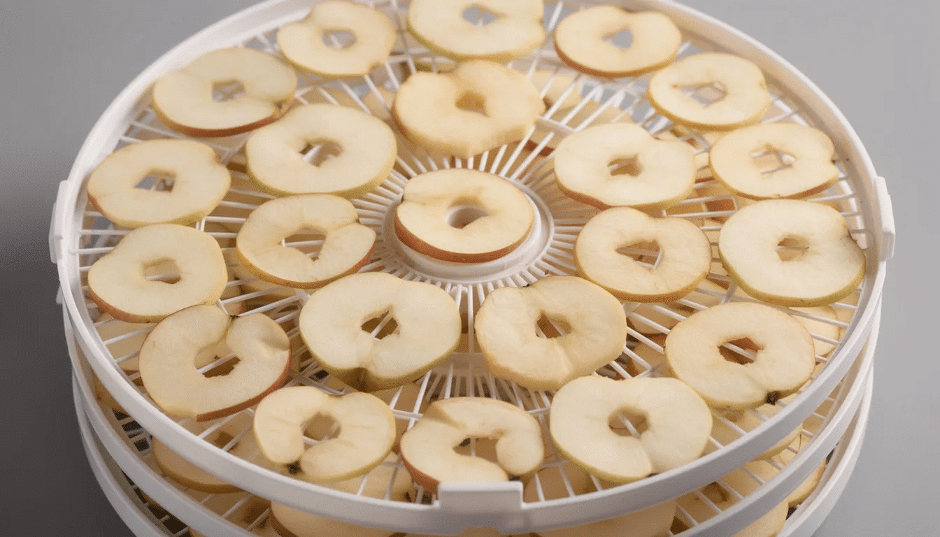 The image shows uniformly sliced apple rings neatly arranged in a single layer on plastic trays of a food dehydrator, ready for the drying process. This setup highlights the efficient use of space and the importance of air flow to ensure the apples dry completely and become delicious dehydrated snacks.