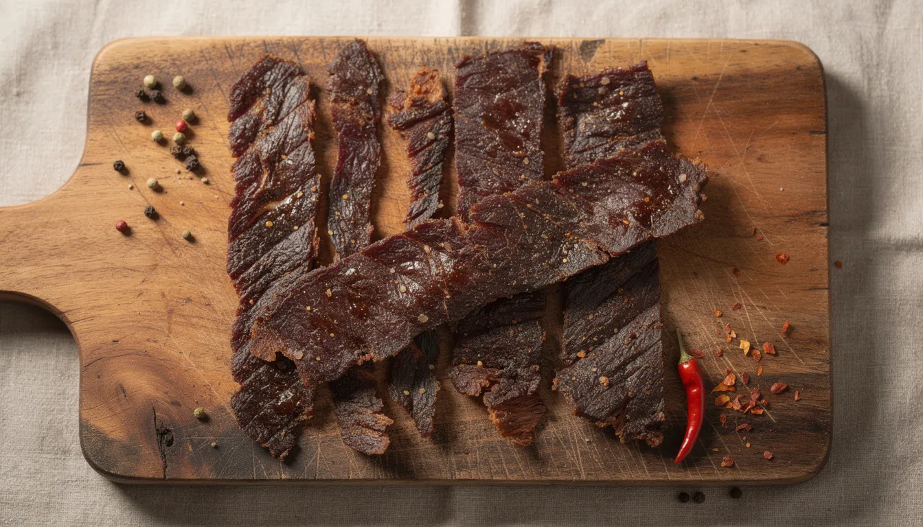 The image features strips of homemade beef jerky neatly arranged on a wooden cutting board, showcasing the results of a successful drying process. This delicious food item highlights the cooking skills involved in making jerky, perfect for those who enjoy using a 5 tray dehydrator for large batches.