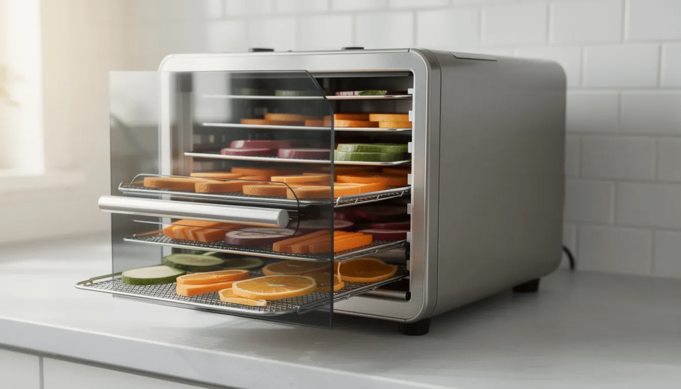 A stainless steel Colzer food dehydrator sits on a kitchen counter, featuring multiple trays for drying various vegetables, fruits, and meats. The device is equipped with a horizontal airflow system and an integrated air circulating fan, ensuring uniform drying and silent operation while maintaining the vitamins and minerals in the food.