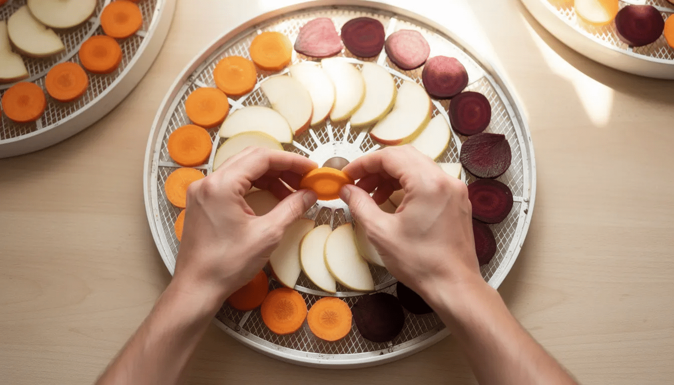 The image shows hands carefully arranging slices of food on the BPA-free trays of a Weston Mossy Oak Gamekeeper 4 tray dehydrator, featuring a clear vented lid that allows for visibility of the drying progress. The adjustable thermostat ensures optimal temperature for drying meat and jerky.