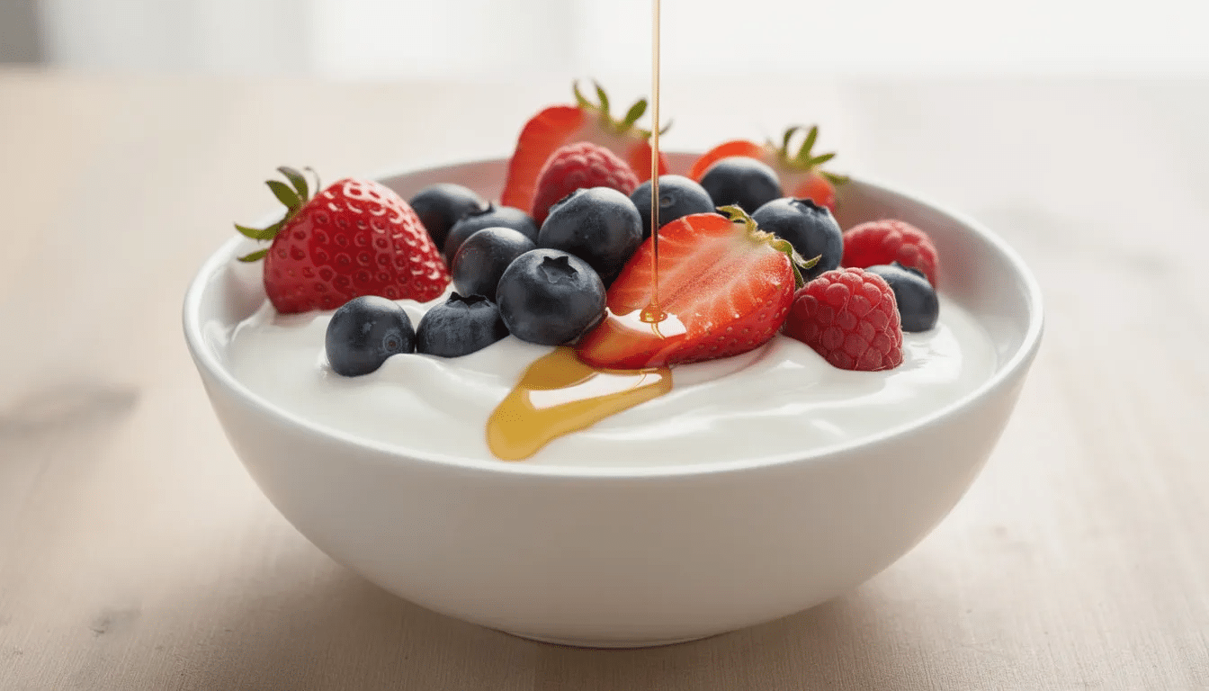 A white bowl filled with thick, creamy yogurt is topped with a colorful assortment of fresh berries, including blueberries, and drizzled with golden honey, making for a delicious and healthy snack. This homemade yogurt could be made using a yogurt maker or a food dehydrator for consistent results.