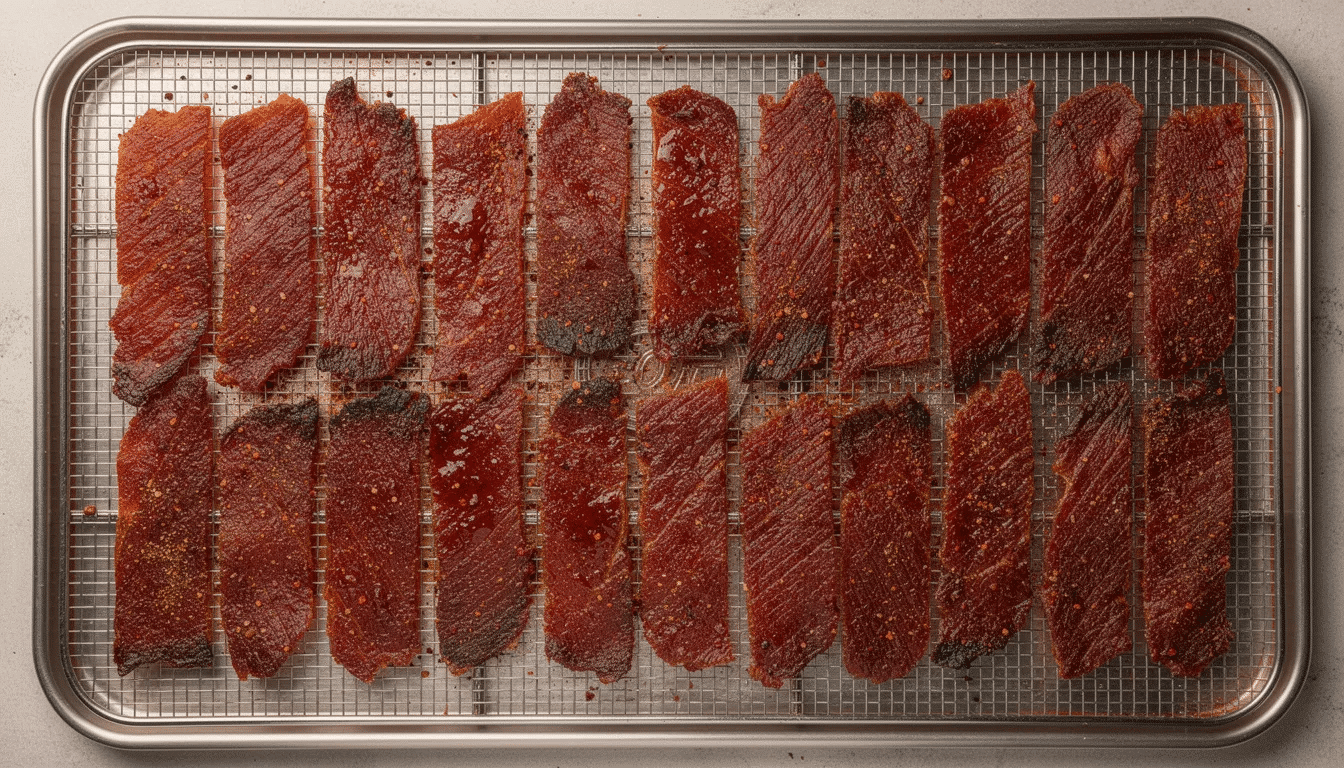 The image shows strips of marinated jerky neatly arranged in rows on a food dehydrator tray, highlighting the organized presentation of this delicious snack. The scene emphasizes the use of kitchen appliances like the magic mill or excalibur for making jerky at home.