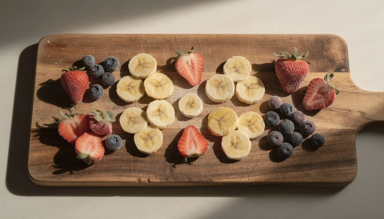 A vibrant assortment of freeze-dried fruits, including strawberries, bananas, and blueberries, is beautifully arranged on a wooden cutting board, showcasing the colorful results of using a Harvest Right freeze dryer. This image highlights the delightful and healthy options that can be created with freeze-dried foods.