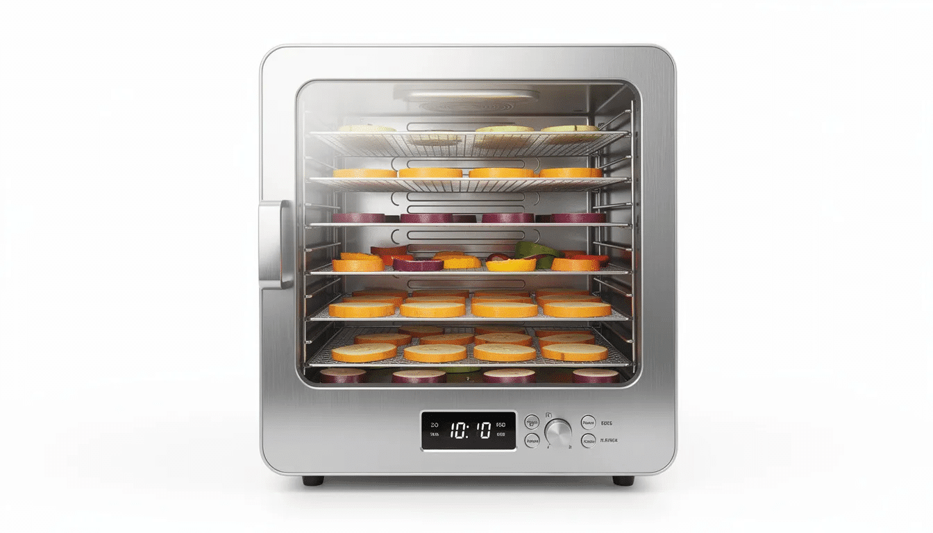 The image features a modern stainless steel food dehydrator with multiple stainless steel trays visible through a clear door, showcasing its efficient drying space for preserving various foods like beef jerky and fruit snacks. The digital control panel allows for adjustable temperature settings, ensuring even heat distribution for optimal dehydrating results.