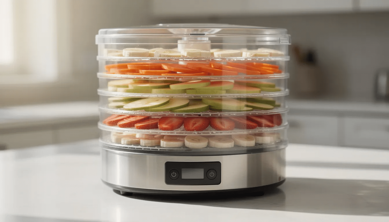 The image shows a nesco dehydrator with a clear lid, displaying multiple trays filled with various foods drying inside, including ingredients for making jerky. The design allows for even heat distribution and easy cleanup, making it ideal for preparing a large variety of snacks like venison jerky.