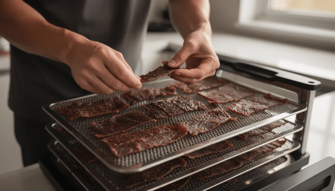 A person is inspecting slices of beef jerky arranged on stainless steel trays inside a food dehydrator, which features a glass door and digital controls for precise temperature settings. The scene highlights the process of preserving food through dehydration, showcasing the machine's quiet operation and efficient design.