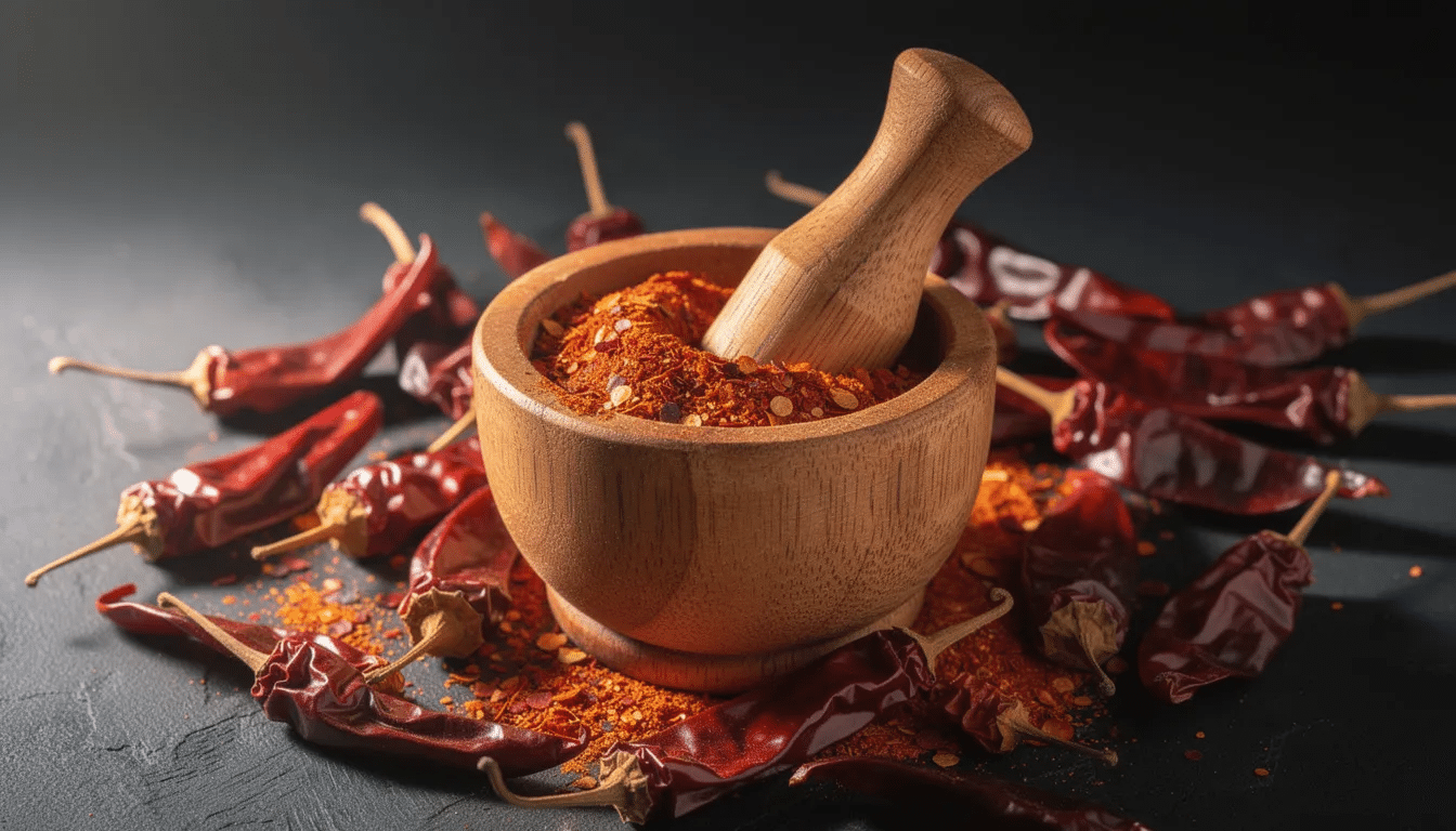 A wooden mortar and pestle filled with crushed red pepper flakes sits on a dark surface, surrounded by whole dried red chiles. This image showcases the vibrant colors and textures of hot peppers, highlighting the drying process that transforms fresh peppers into flavorful spices.
