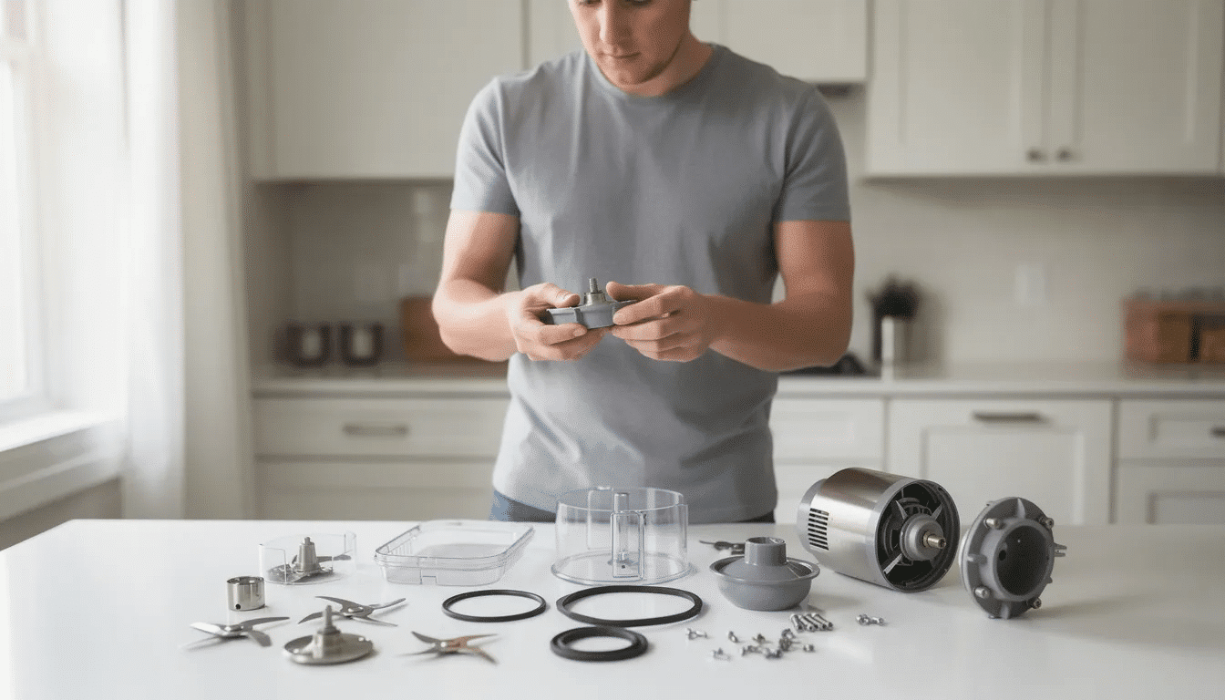 The image shows a person carefully examining various parts of a food dehydrator on a kitchen countertop, including trays and teflon sheets, while considering the ideal temperature control for dehydrating fruits, vegetables, and meats. The individual appears to be sorting through the components to ensure they match the specifications needed for making jerky and other dehydrated snacks at home.