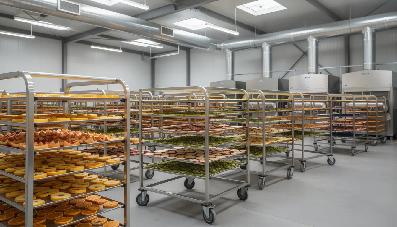 The image shows a large industrial drying facility filled with multiple stainless steel tray trolleys, each loaded with sliced fruits ready for the drying process. This commercial food dehydrator utilizes hot air to efficiently preserve the fruits, enhancing their shelf life while maintaining flavor and nutrients.