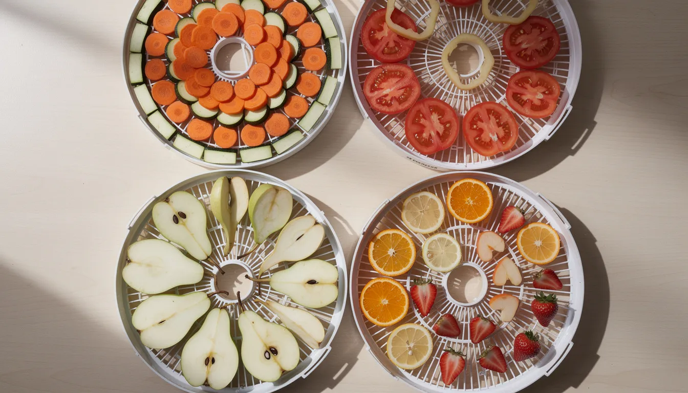 March 4, 2026 | An assortment of sliced vegetables and fruits is neatly arranged on the trays of a food dehydrator, showcasing vibrant colors and textures. This image serves as a visual reference for users seeking tips and instructions from a dehydrator manual, specifically for operating a unit like the Cosori dehydrator.