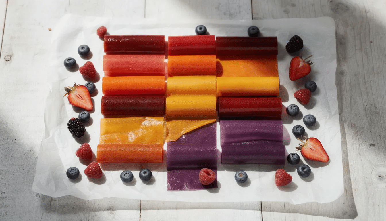 The image features colorful rolled fruit leather strips neatly arranged on parchment paper, with a variety of fresh berries scattered around them, highlighting the vibrant colors and textures of the delicious fruit leather. This visually appealing setup showcases the homemade fruit rolls, perfect for a healthy snack option.