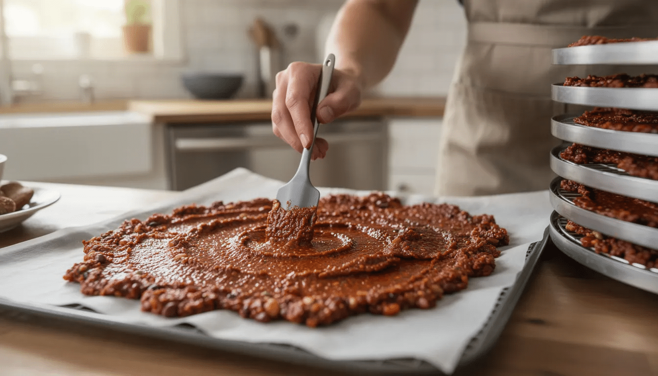 A person is seen spreading a thick layer of chili onto parchment-lined dehydrator trays in a cozy kitchen, preparing for the food dehydration process to create homemade backpacking meals. The vibrant chili mixture is designed to be dehydrated for easy storage and rehydration on backcountry trips.