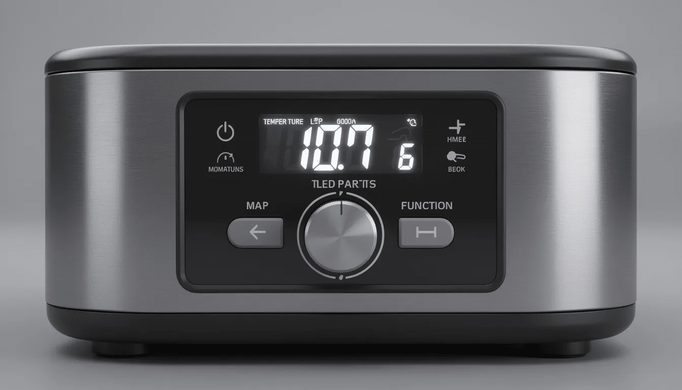 The image shows a close-up of a digital control panel from a food dehydrator, featuring a timer display that indicates the drying time. The panel is equipped with buttons to set the time and load position for up to 10 trays of various foods, enhancing the functionality of the machine.
