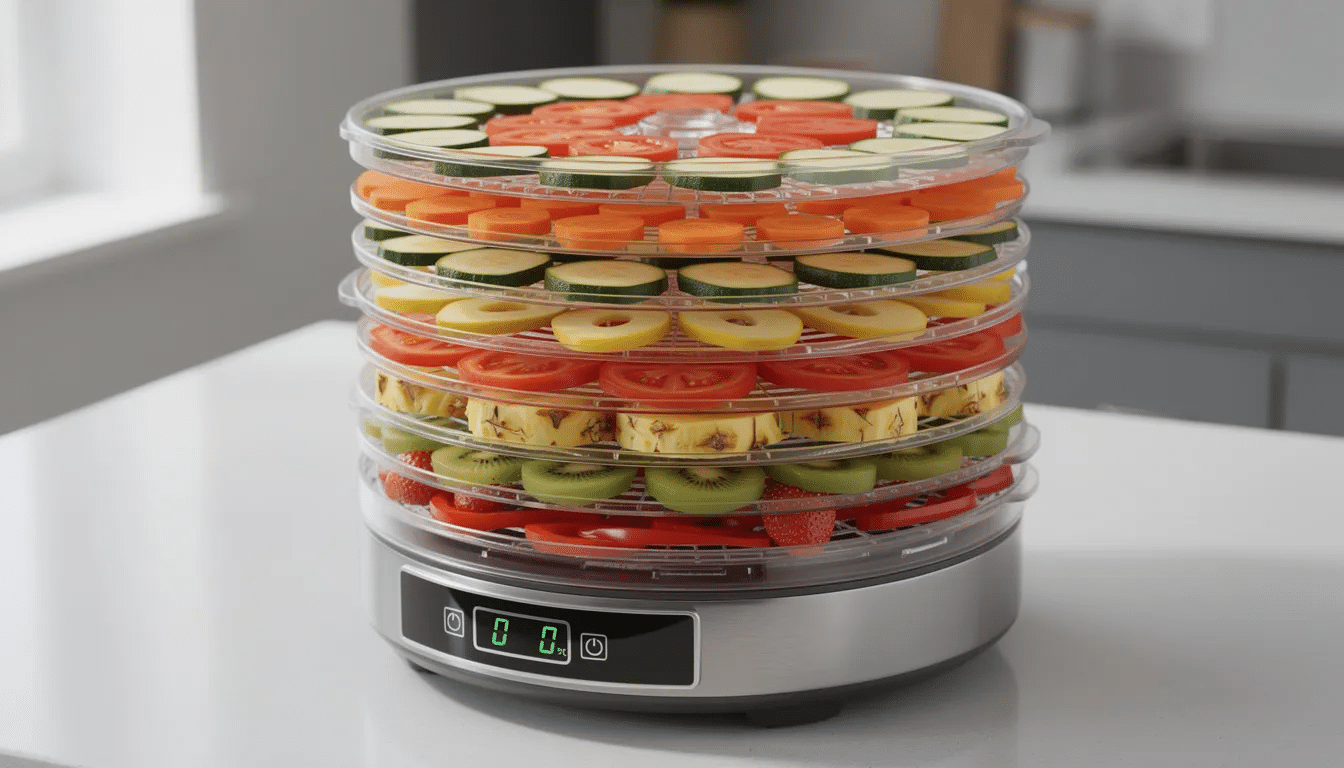 The image features a food dehydrator with multiple circular trays filled with vibrant, sliced fruits and vegetables, showcasing the food dehydration process for creating homemade backpacking meals. This setup highlights the colorful variety of dehydrated food that can be prepared for nutritious backcountry meals.