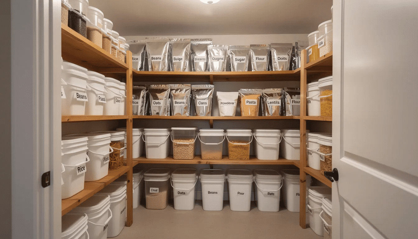 The image shows a well-organized home pantry filled with labeled food storage buckets and mylar bags, showcasing an emergency food supply designed for long-term food storage. This setup includes various dehydrated food items, ensuring nutritious meals for the whole family in emergency situations.