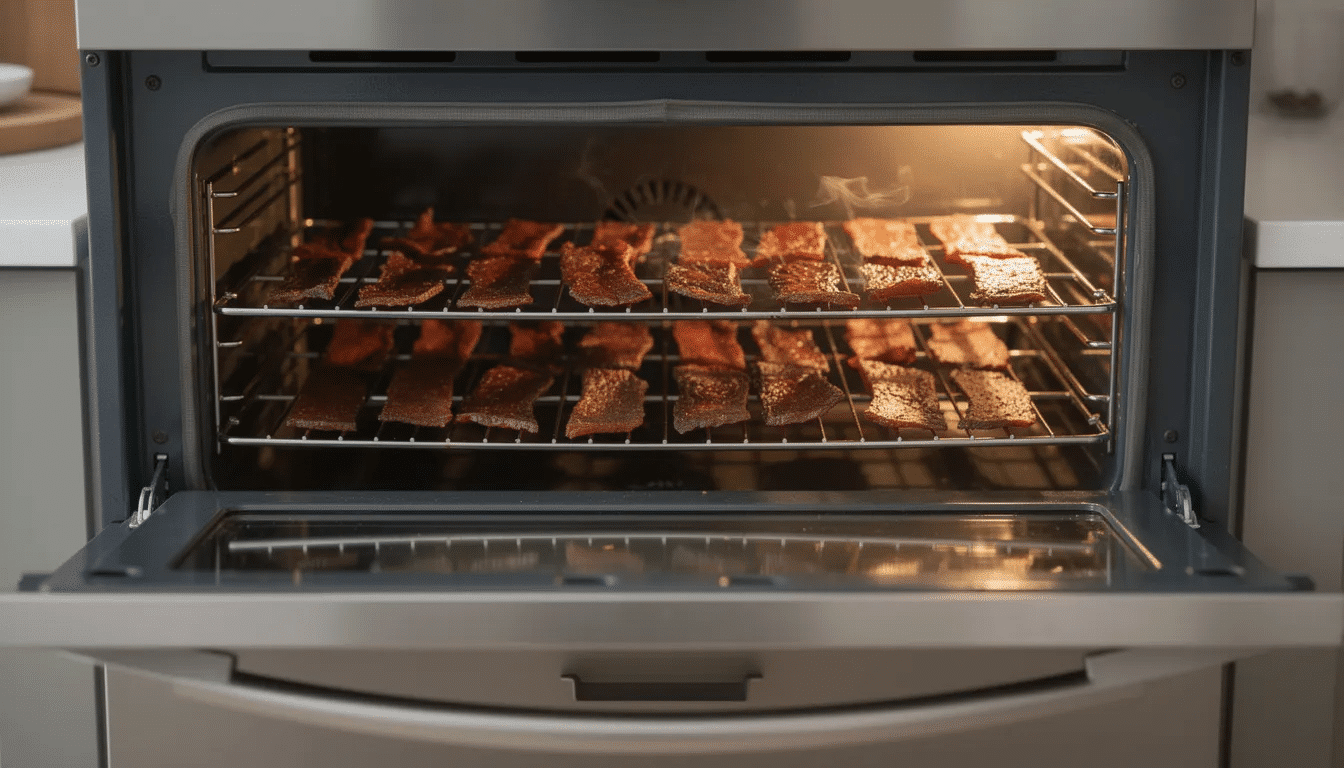The image shows an open oven door revealing wire racks filled with strips of meat, likely beef, in the process of dehydrating to make homemade beef jerky. The drying meat is arranged in a single layer, allowing for an even drying process to remove excess moisture and create chewy jerky.