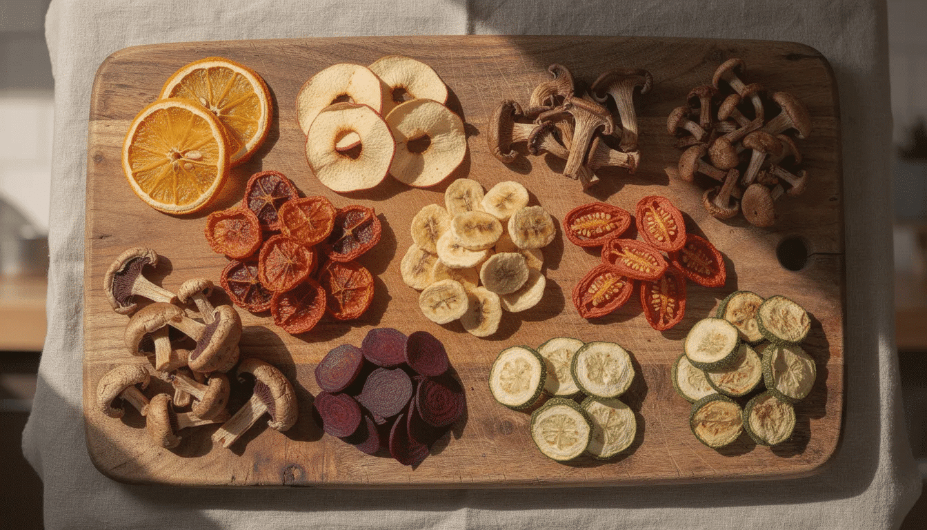The image features a variety of dried vegetables and fruits, beautifully arranged on a wooden cutting board, showcasing the vibrant colors and textures of the produce. This assortment highlights the versatility of a food dehydrator, like the Excalibur, ideal for preserving the aroma and nutrients of different types of foods at controlled temperatures.