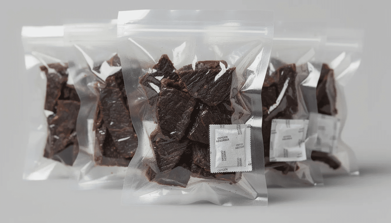 The image shows vacuum sealed bags of homemade beef jerky, with visible oxygen absorbers inside the packaging, indicating that the jerky is properly preserved for extended shelf life. The bags contain marinated strips of beef, prepared using a flavorful beef jerky recipe with ingredients like soy sauce, garlic powder, and red chili flakes.
