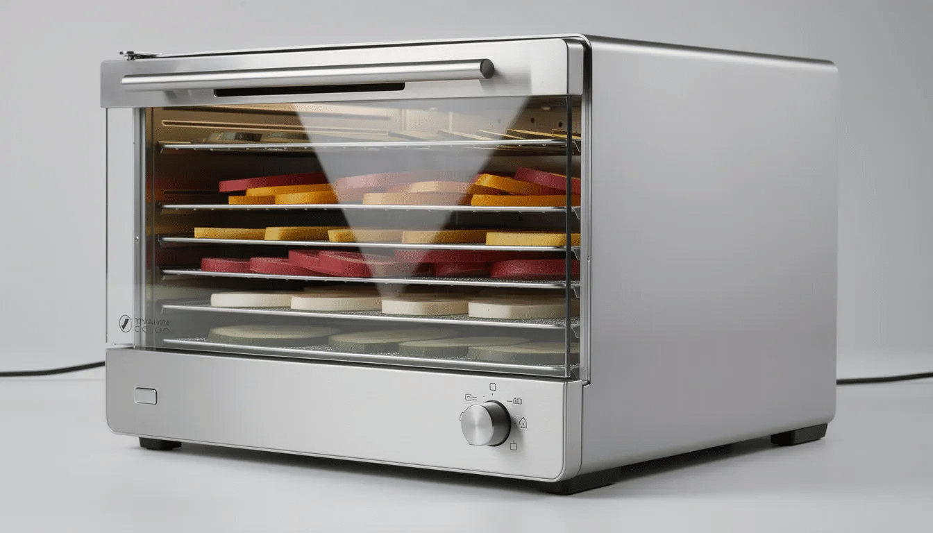 A close-up view of a stainless steel food dehydrator with a glass door reveals multiple trays filled with various foods, such as vegetables and herbs, showcasing the appliance's role in preserving food and making snacks like beef jerky. The image highlights the efficient design and functionality of this home essential for dehydrating food.