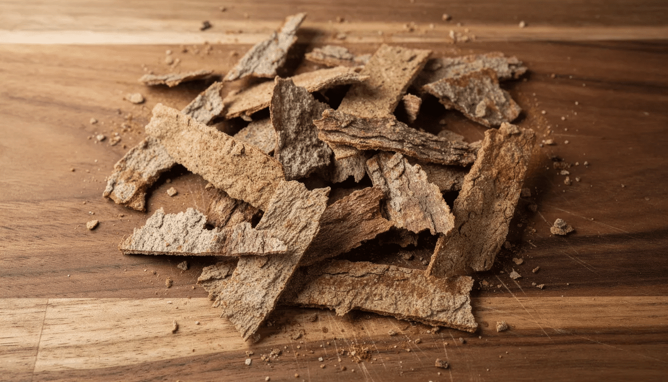 The image shows irregularly shaped pieces of dried soup bark scattered on a wooden cutting board, suggesting a mix of dehydrated ingredients ideal for creating flavorful soup recipes. These pieces could include onion powder, garlic powder, and tomato powder, perfect for rehydrating with boiling water to make a hearty meal.
