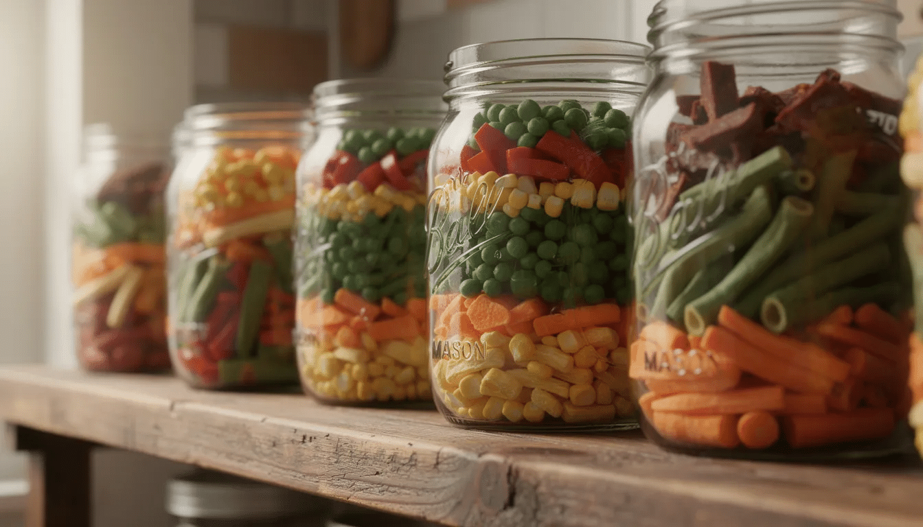 The image features glass mason jars filled with an assortment of colorful dehydrated vegetables, including dried green beans and vibrant bell peppers, neatly arranged on a rustic wooden shelf. This display highlights the beauty and variety of dehydrated veggies, perfect for preserving flavors and extending shelf life.