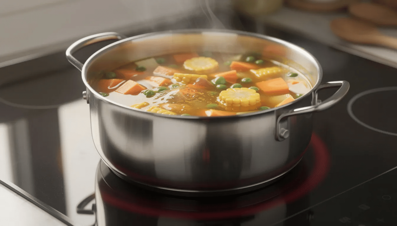 A pot of vegetable soup is simmering on the stovetop, filled with vibrant carrots, corn, and peas floating in a rich broth. This nutritious dish showcases fresh vegetables, perfect for a comforting meal or using dehydrated vegetables for added flavor.