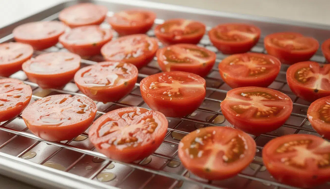 Halved cherry tomatoes are neatly arranged cut-side up on a metal cooling rack, ready for the dehydrating process. The cooling rack allows air circulation, ensuring even drying and enhancing the tomatoes' flavor for future culinary use.