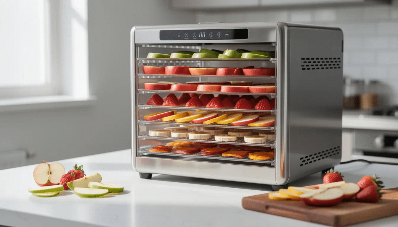 The image shows a food dehydrator with multiple trays filled with neatly arranged sliced apples and other fruits, placed on a kitchen counter. The bright colors of the fruit contrast with the sleek design of the dehydrator, creating an inviting scene for healthy food preparation.