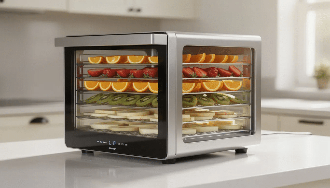 March 4, 2026 | The image shows a modern stainless steel food dehydrator placed on a kitchen counter, featuring five trays filled with colorful sliced fruits. This appliance is ideal for in-house chefs looking to create healthy snacks, and it comes with a user manual that provides instructions and helpful tips for safe operation.