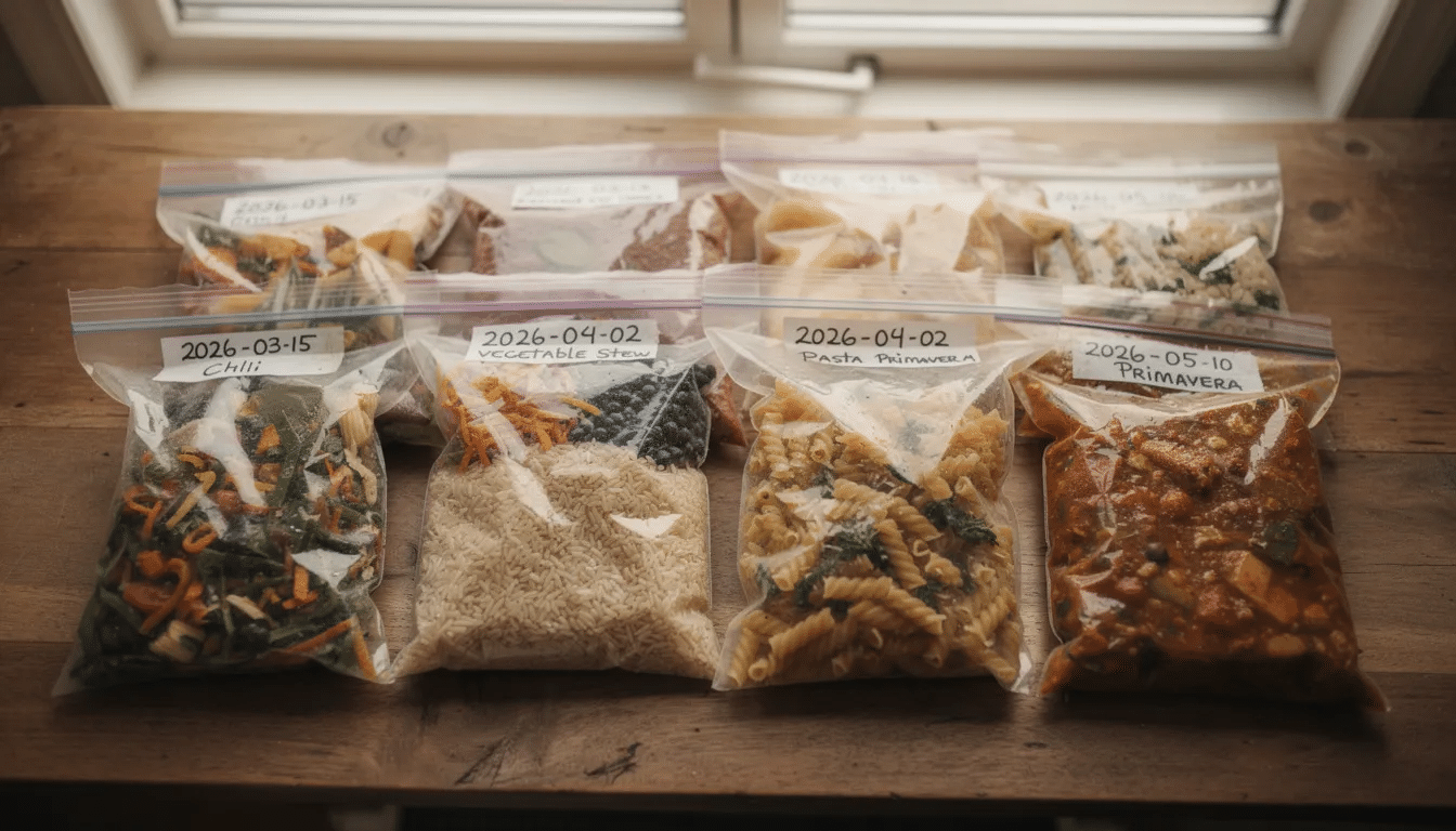 The image shows a collection of vacuum-sealed bags containing homemade dehydrated meals, neatly arranged on a table. Each bag has a handwritten label indicating the date and contents, showcasing a variety of vegetarian backpacking meals and other dehydrated food options for convenient backcountry cooking.