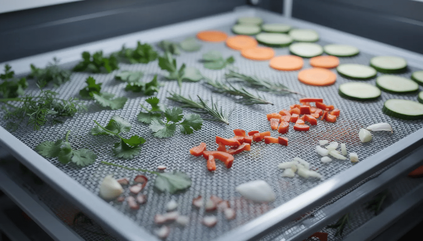 A variety of herbs and small vegetable pieces are spread out on dehydrator sheets, drying on mesh mats within a dehydrator. The scene showcases the first batch of foods, highlighting the easy and clean process of dehydrating for future use.