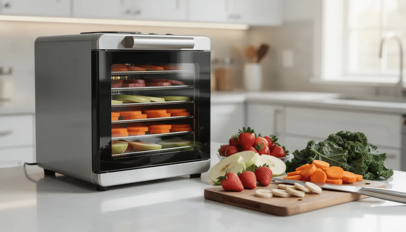 A rectangular multi-tray food dehydrator, similar to the Magic Mill model, is positioned on a clean kitchen countertop beside an assortment of fresh fruits and vegetables, ready for drying. The dehydrator features multiple trays that can be used to create jerky and preserve the value of the produce.