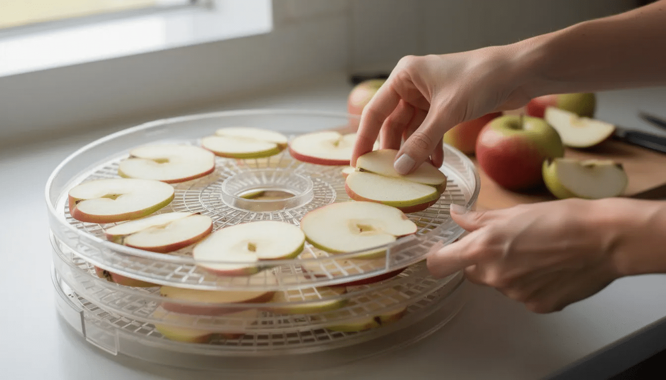 The image shows hands carefully placing sliced apples onto stainless steel trays of a food dehydrator, highlighting the drying process for creating healthy snacks. This setup emphasizes the efficient drying capabilities of the dehydrator machine, which features adjustable temperature settings for optimal results.