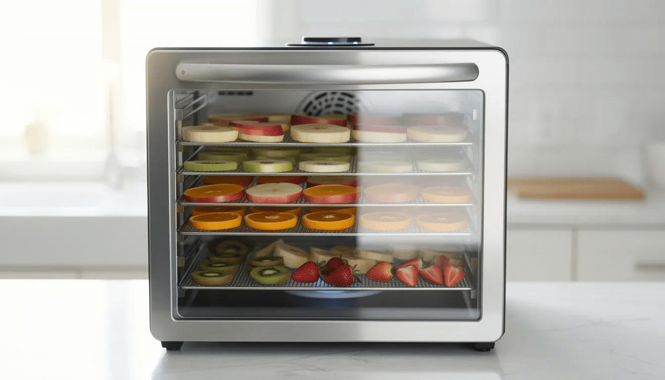A cabinet-style dehydrator with a glass door showcases multiple trays filled with sliced fruits like apples and mangoes, highlighting the dehydration process. The BPA-free plastic trays allow for efficient drying, making it a wonderful way to preserve the nutrition and flavor of fresh produce.