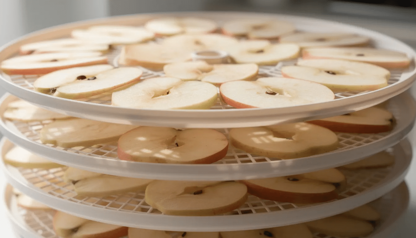 A close-up view of stacked dehydrator trays featuring sliced apples arranged neatly in a single layer, showcasing the quality and care taken in the dehydrating process. This image highlights the use of a harvest maid dehydrator, perfect for preserving fruits and creating delicious snacks.