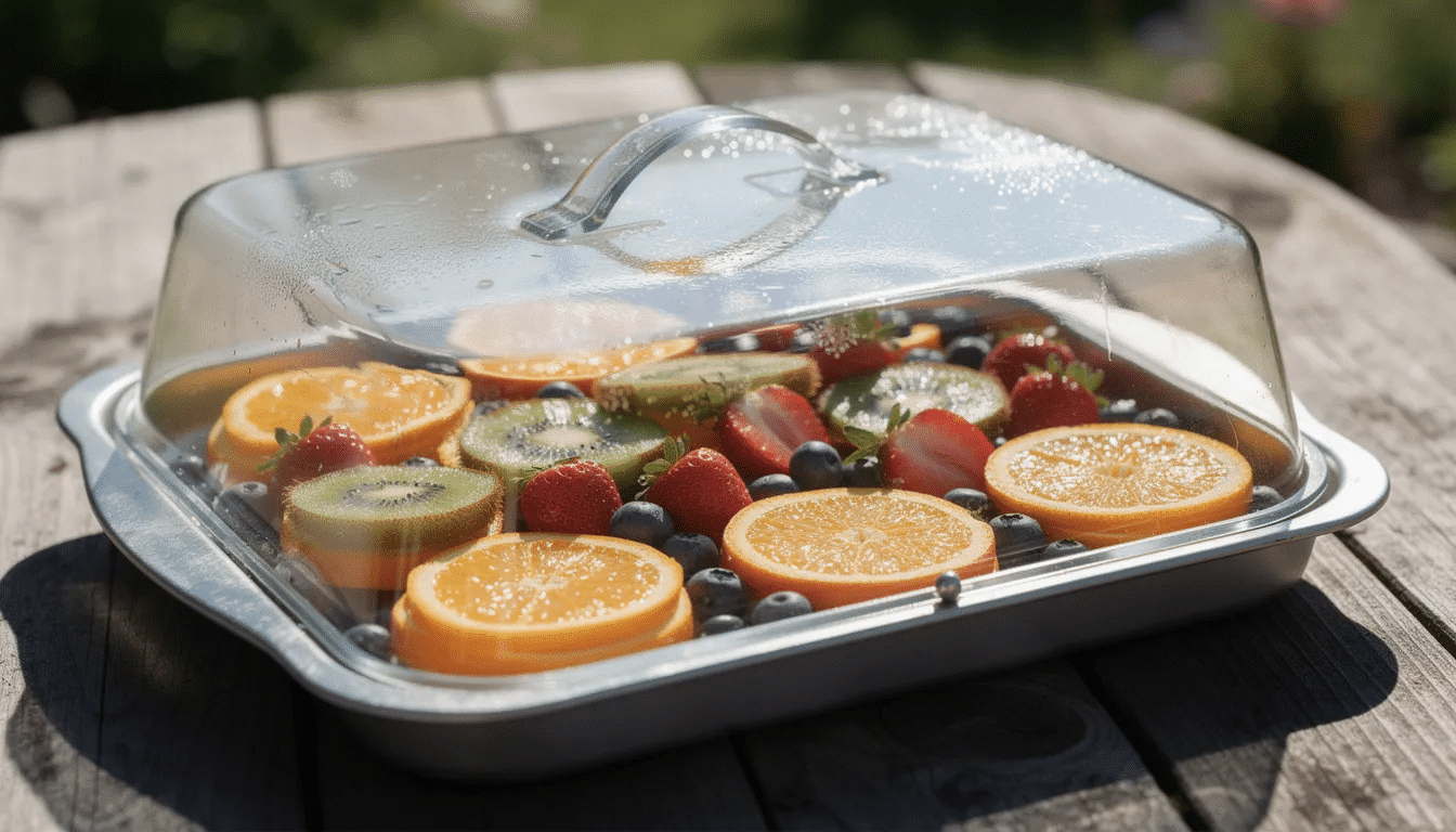 A metal baking tray holds sliced fresh fruit, including apples and peaches, covered by a clear glass lid, all sitting in bright sunlight outdoors. This setup is ideal for drying fruit without a dehydrator, allowing the sun's heat to help remove remaining moisture for a longer shelf life.